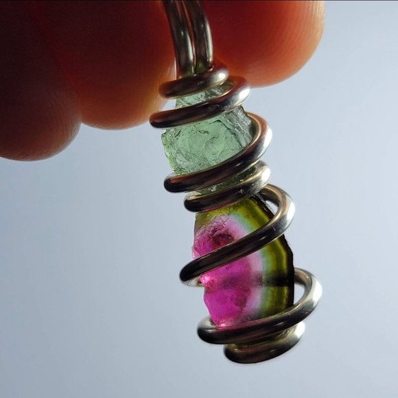 Moldavite & Watermelon Tourmaline Pendant - Picture 6 of 9